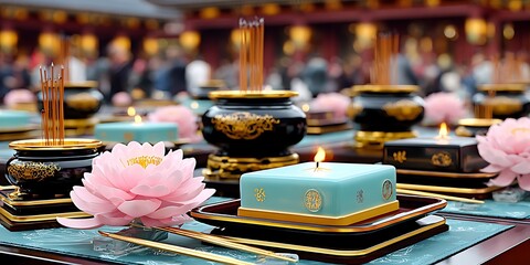 Religious offering table with candles and incense