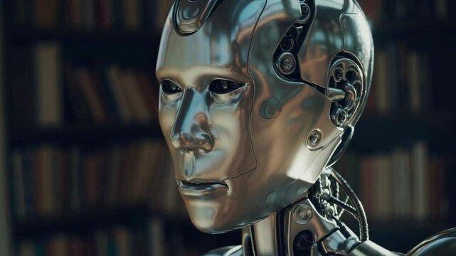 Close-up of a robot's face, showcasing detailed futuristic features and advanced technology. The expressionless surface and sleek design represent innovation in robotics and artificial intelligence