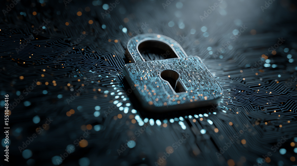Poster A digital lock sits on a tech background, symbolizing cybersecurity and data protection in the modern digital era.