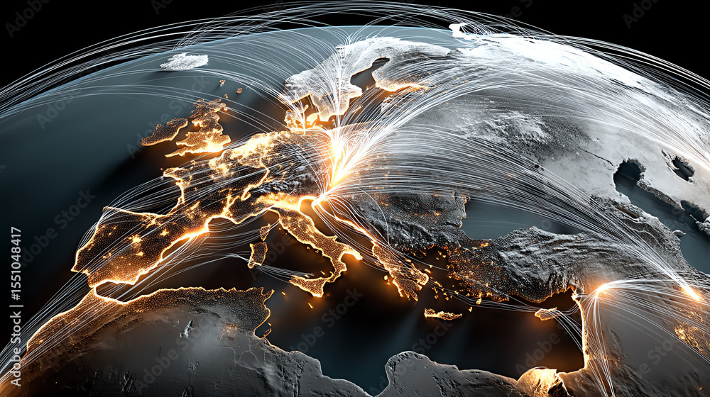 Aufkleber A digital representation of Europe showcasing glowing connections that visualize networking and technology.