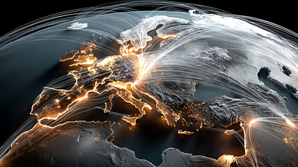 A digital representation of Europe showcasing glowing connections that visualize networking and technology.