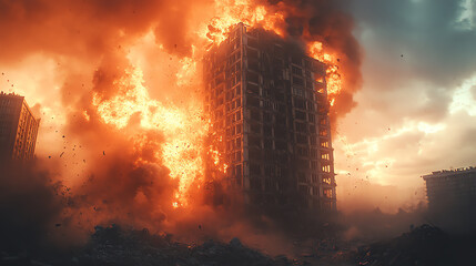 Obraz premium A dramatic scene of a building engulfed in flames, showcasing the destructive power of fire against urban structures.