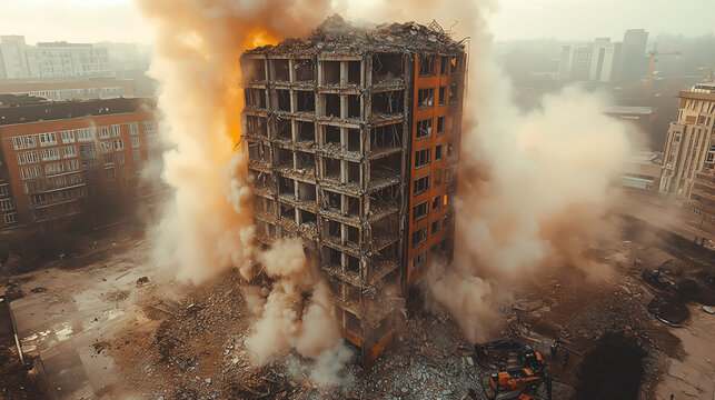 A dramatic demolition scene showcasing a building being torn down amid clouds of dust and smoke, symbolizing change and destruction.