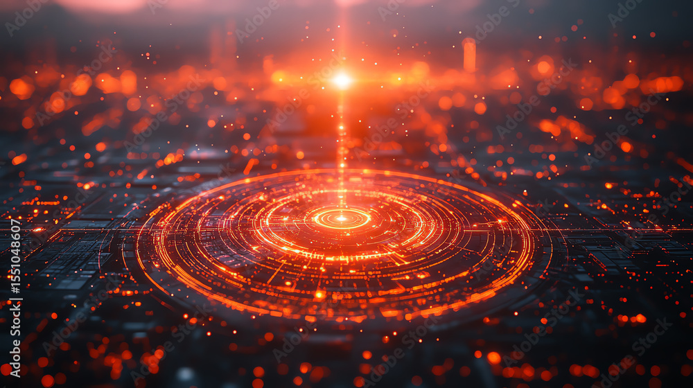 Poster a futuristic representation of digital data flow illustrated with glowing circuits in vibrant orange