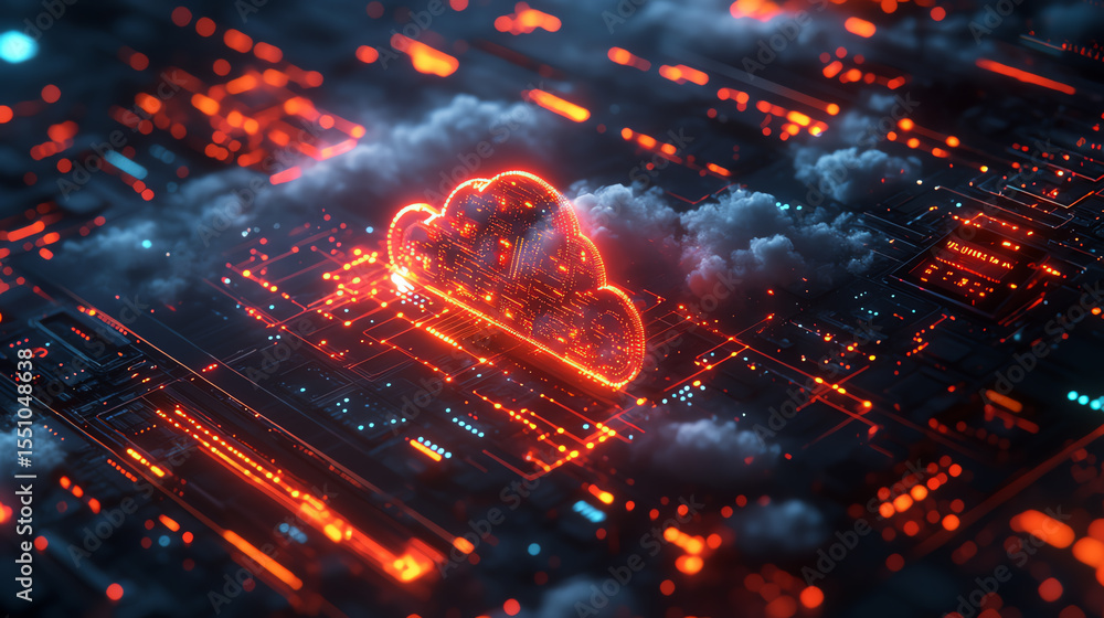 Poster a glowing cloud symbolizes data storage amidst vibrant circuitry, representing modern digital connec