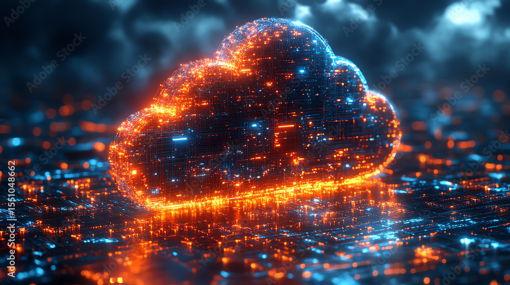 Poster A glowing digital cloud symbol representing data storage and connectivity in a futuristic cyber environment.