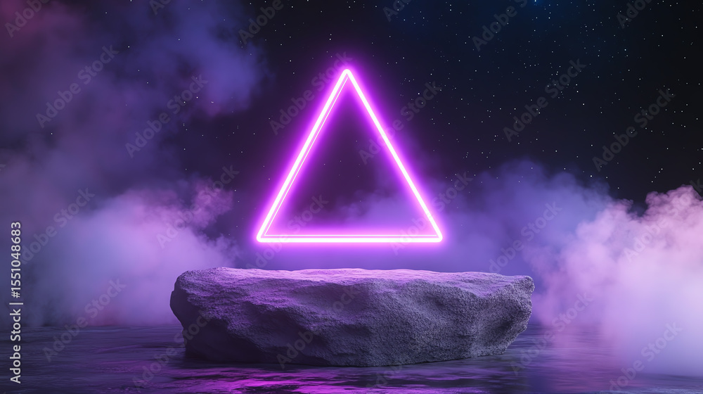 Poster a glowing neon triangle illuminates a mystical stone in a vibrant foggy atmosphere, creating a surre