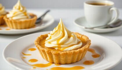 Delicious dessert with creamy topping and caramel sauce served on a plate beside a cup of coffee in a bright and inviting setting