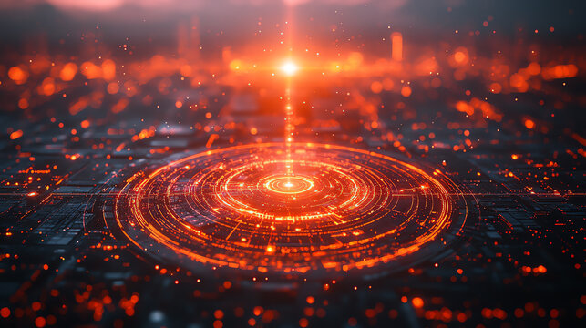 A futuristic representation of digital data flow illustrated with glowing circuits in vibrant orange hues.