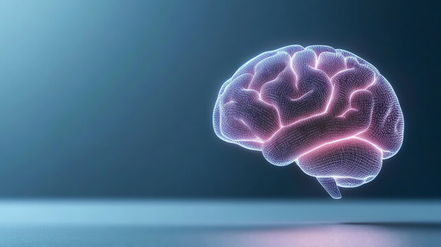 A glowing representation of a human brain showcasing neural connections and cognition in a futuristic setting.