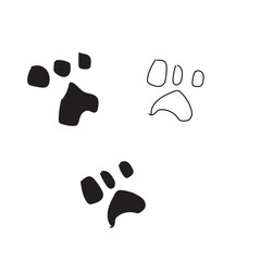 Three paw prints illustration showing one outline and two filled in black on a white background simple design