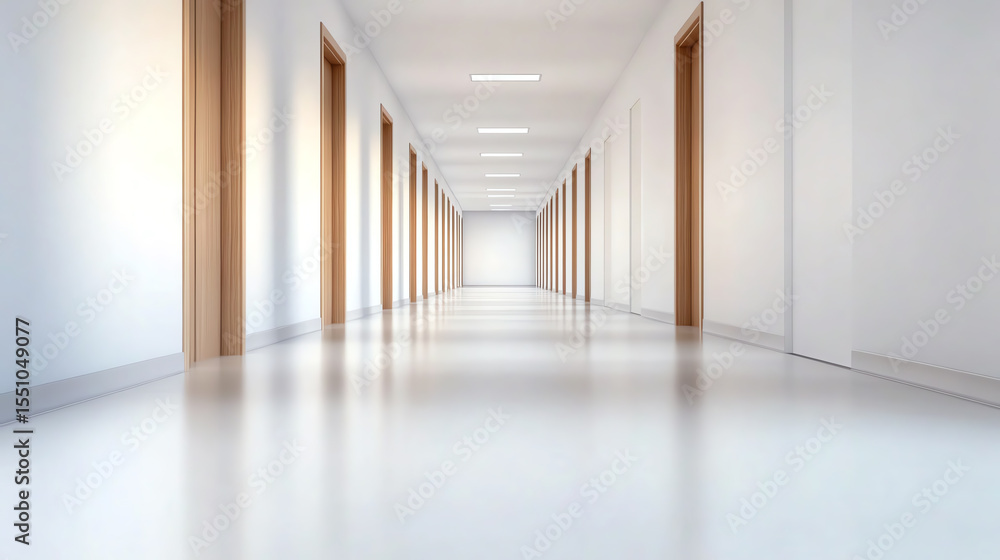 Poster a minimalist hallway with bright lighting and clean lines leads to an open space, showcasing modern 