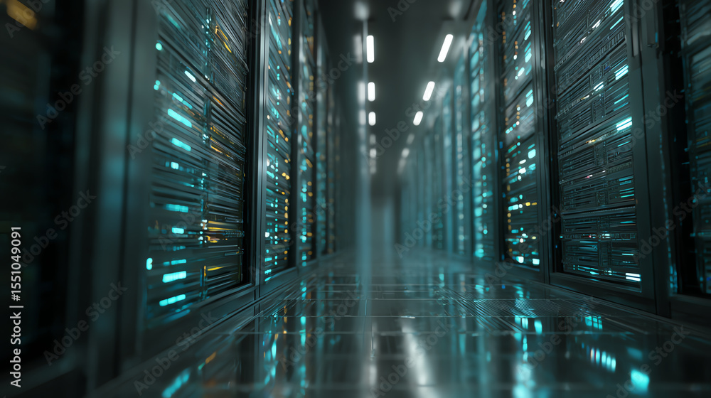 Aufkleber A modern data center corridor showcasing rows of illuminated server racks, illustrating advanced technology in data management.