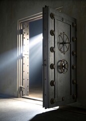 Vault door slightly ajar revealing light, isolated background