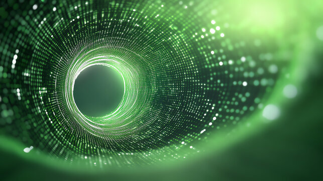A mesmerizing view of a green digital tunnel filled with sparkling data particles, symbolizing technology's endless possibilities.