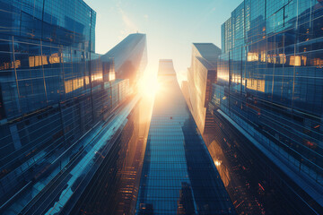 Glass city skyscrapers and skybridges reach toward a bright midday sun in a futuristic skyline view.