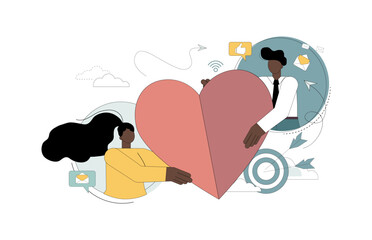 Love concept. Dating websites. Online communication. Finding a partner for love. People hold a heart in their hands.eps