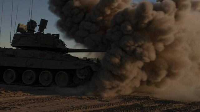 A heavy tank launches an artillery shell into the distance during a war military training exercise in an open field as the sun sets, creating a dramatic display of power