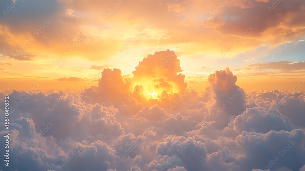 Poster a serene sunset over clouds, illuminating the sky with vibrant colors, creating a tranquil and uplif