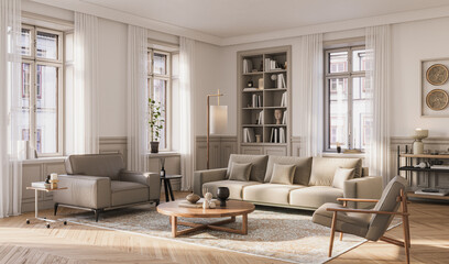 A stylish living room interior featuring modern designer furniture, wall paneling and elegant accessories, rendered in 3D	