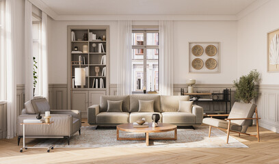 A stylish living room interior featuring modern designer furniture, wall paneling and elegant accessories, rendered in 3D	