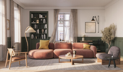 A stylish living room interior featuring modern designer furniture, wall paneling and elegant accessories, rendered in 3D	
