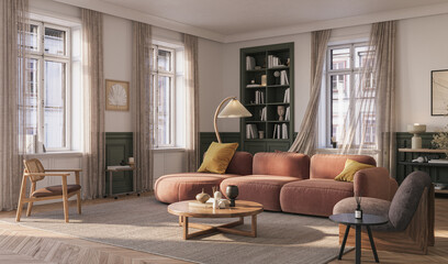 A stylish living room interior featuring modern designer furniture, wall paneling and elegant accessories, rendered in 3D	