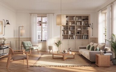 A stylish living room interior featuring modern designer furniture, wall paneling and elegant accessories, rendered in 3D	