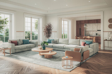 A stylish living room interior featuring modern designer furniture, wall paneling and elegant accessories, rendered in 3D	