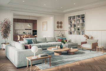 A stylish living room interior featuring modern designer furniture, wall paneling and elegant accessories, rendered in 3D	