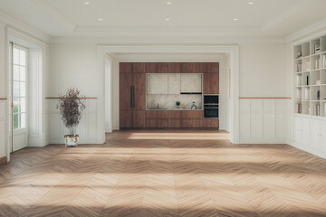 A stylish living room interior featuring modern designer furniture, wall paneling and elegant accessories, rendered in 3D	