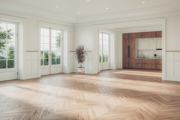 A stylish living room interior featuring modern designer furniture, wall paneling and elegant accessories, rendered in 3D	