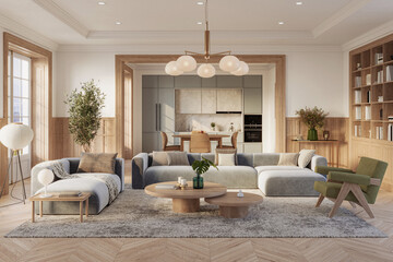 A stylish living room interior featuring modern designer furniture, wall paneling and elegant accessories, rendered in 3D	