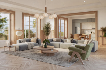 A stylish living room interior featuring modern designer furniture, wall paneling and elegant accessories, rendered in 3D	