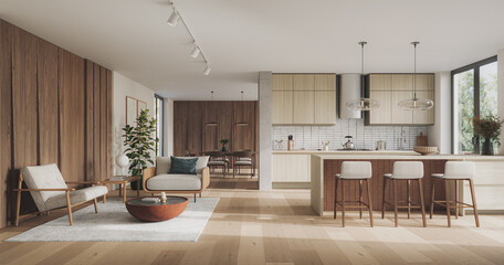 Studio room interior with lounge zone and cooking area furnished with sofa and dining table. Modern design solution, 3d rendering	