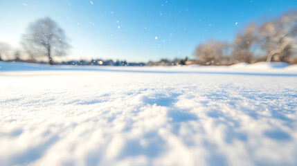 A serene winter landscape featuring fresh snow, glistening under the bright blue sky, perfect for evoking peaceful moments.