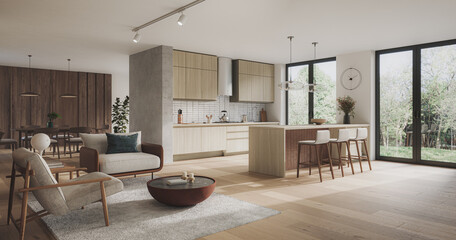 Studio room interior with lounge zone and cooking area furnished with sofa and dining table. Modern design solution, 3d rendering	