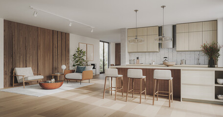 Studio room interior with lounge zone and cooking area furnished with sofa and dining table. Modern design solution, 3d rendering	