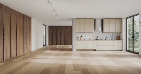 Studio room interior with lounge zone and cooking area furnished with sofa and dining table. Modern design solution, 3d rendering	