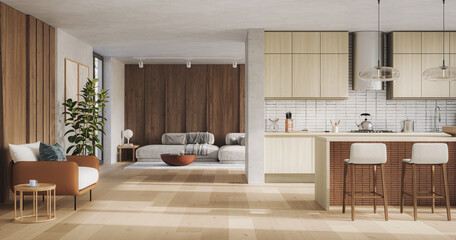 Studio room interior with lounge zone and cooking area furnished with sofa and dining table. Modern design solution, 3d rendering	