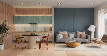 Studio room interior with lounge zone and cooking area furnished with sofa and dining table. Modern design solution, 3d rendering  © Василь Чейпеш