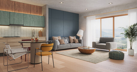 Studio room interior with lounge zone and cooking area furnished with sofa and dining table. Modern design solution, 3d rendering	