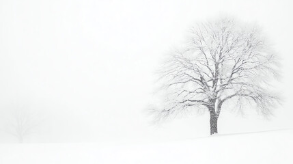 A solitary tree stands in a snowy landscape, surrounded by a serene, foggy atmosphere, evoking feelings of tranquility and isolation.