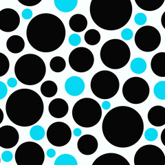Simple design Abstract geometric seamless background Large and small blue and black circles, polka dots on a white background Minimalist style