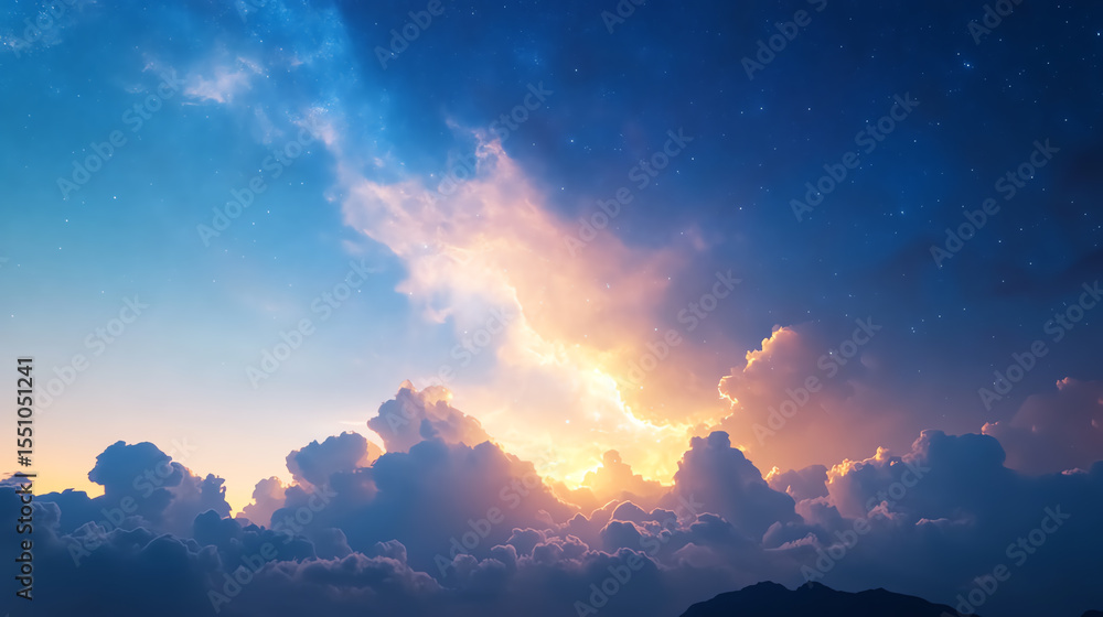 Poster A stunning view of a colorful sky adorned with vibrant clouds during sunset, creating a serene and peaceful atmosphere.