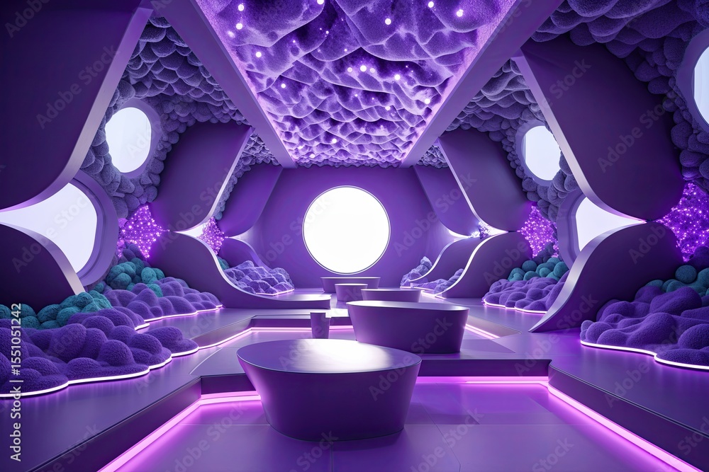 Poster innovative 3d visuals and cloud solutions in immersive digital environments with violet patterns
