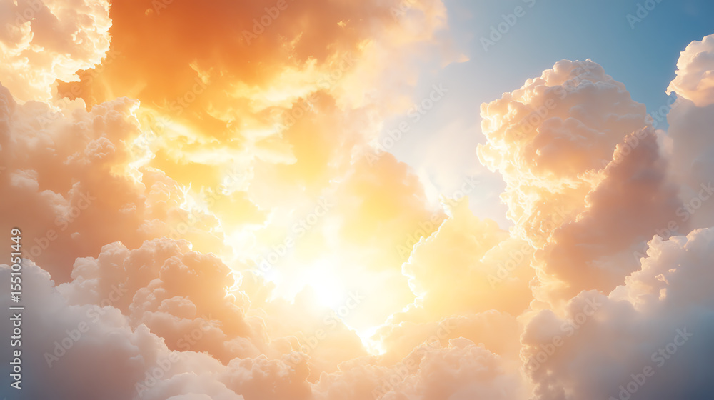 Poster a stunning view of vibrant clouds illuminated by sunlight, creating a breathtaking atmosphere in the