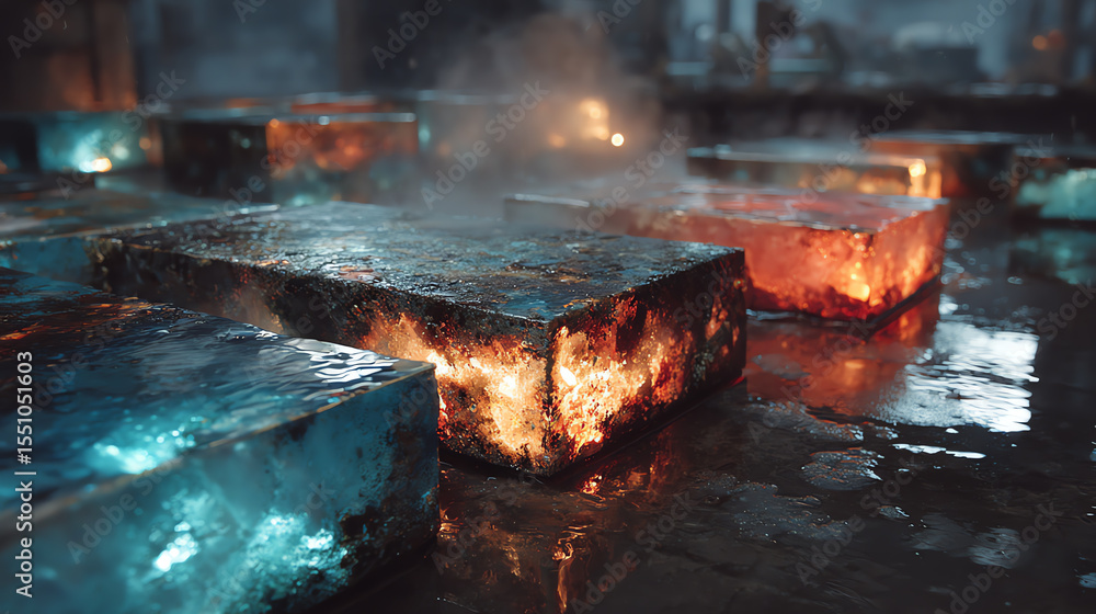 Poster A surreal scene featuring luminous blocks of ice and fire, blending elements of nature and visual artistry in an otherworldly environment.