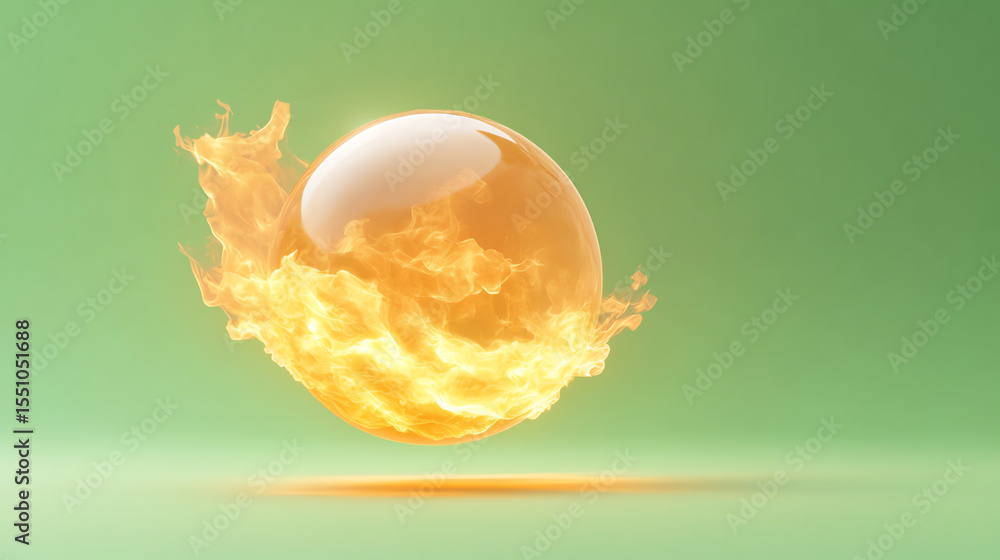 Poster a vibrant, dynamic orb engulfed in flames against a smooth green backdrop, symbolizing energy and tr