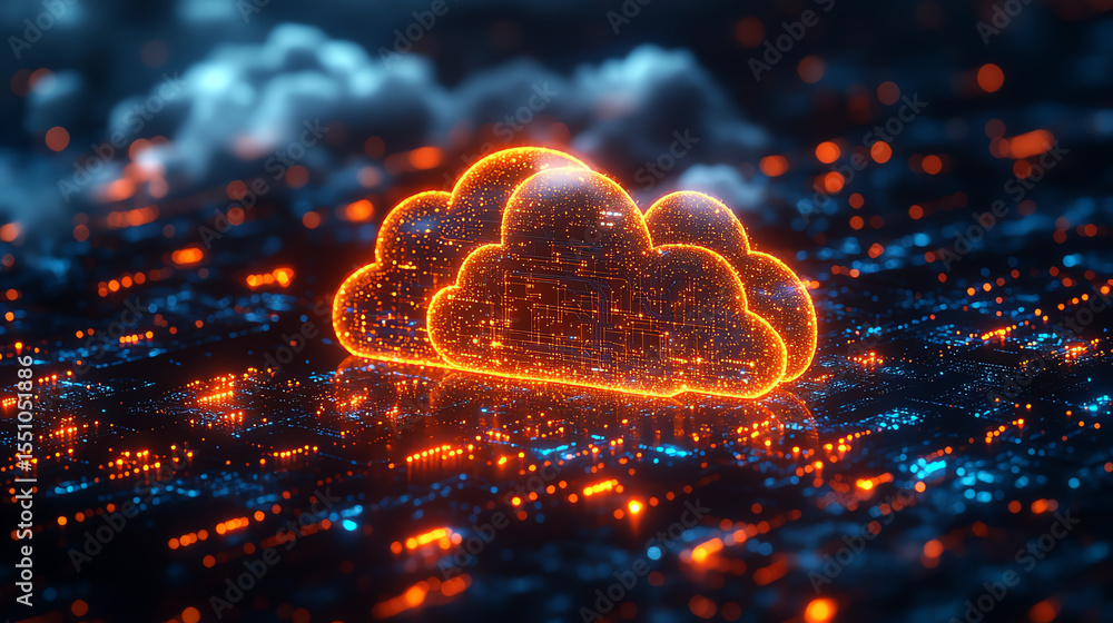 Aufkleber A vibrant digital cloud symbolizes modern cloud computing with glowing data streams, showcasing innovation and connectivity.